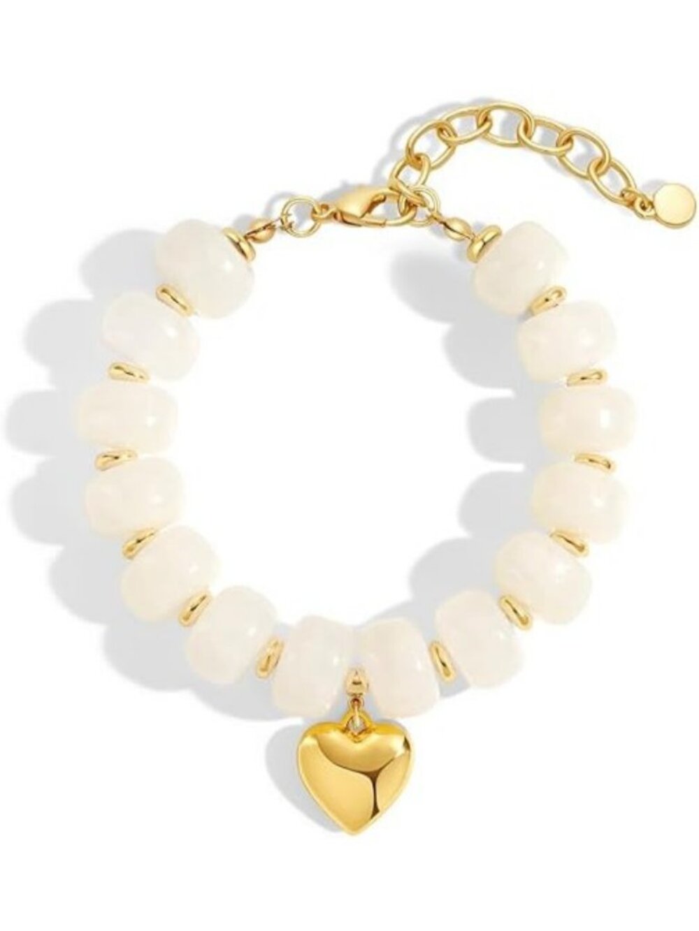 White Chunky Beaded Bracelet Boho Gold Heart Charm Adjustable